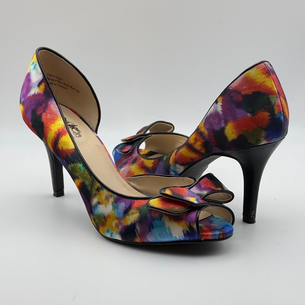 Coach and Four Abstract Watercolor Peep Toe Bow D'Orsay Heels Womens 8 Multi